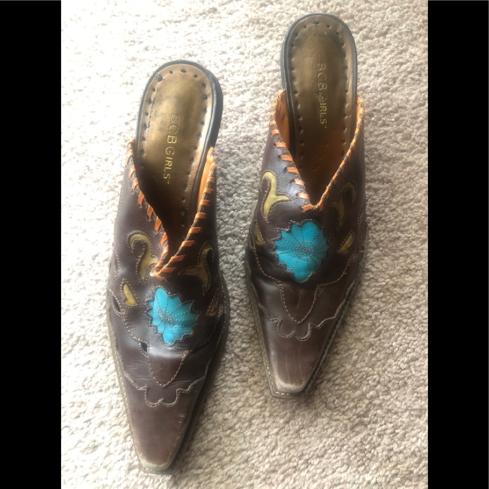 BCBGirls Brown and Blue Western Mules